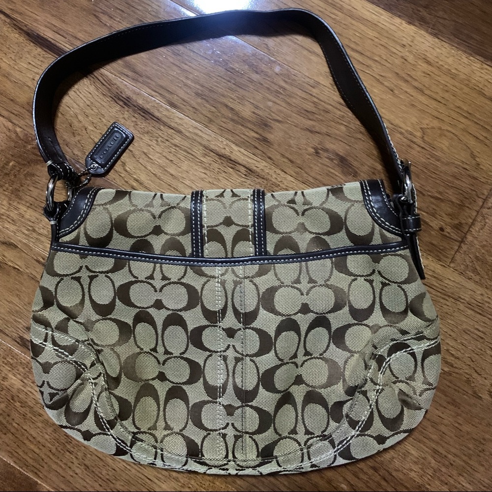 Coach Signature Jacquard brown hobo shoulder bag with big buckle & magnet clasp